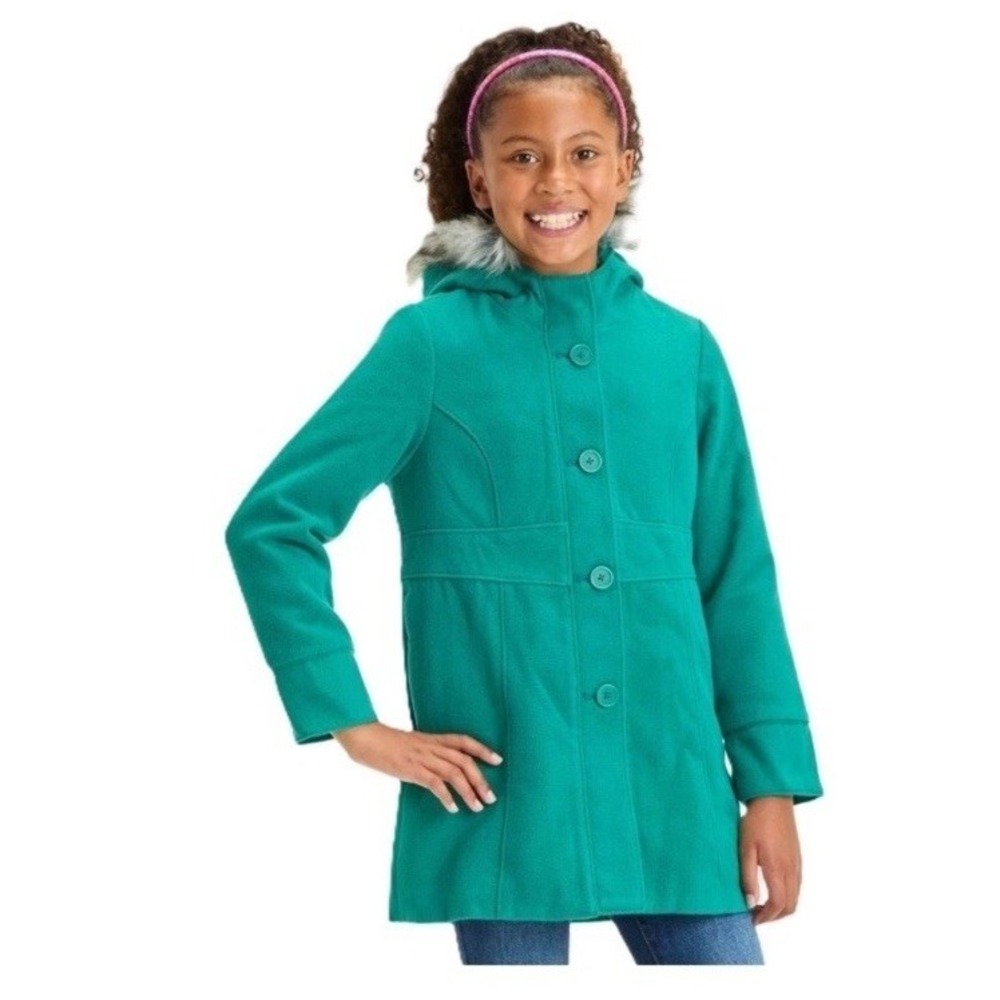 Cat & Jack Green Teal Faux Wool Button Front Faux Fur Trim Jacket Girls' XS 4/5
